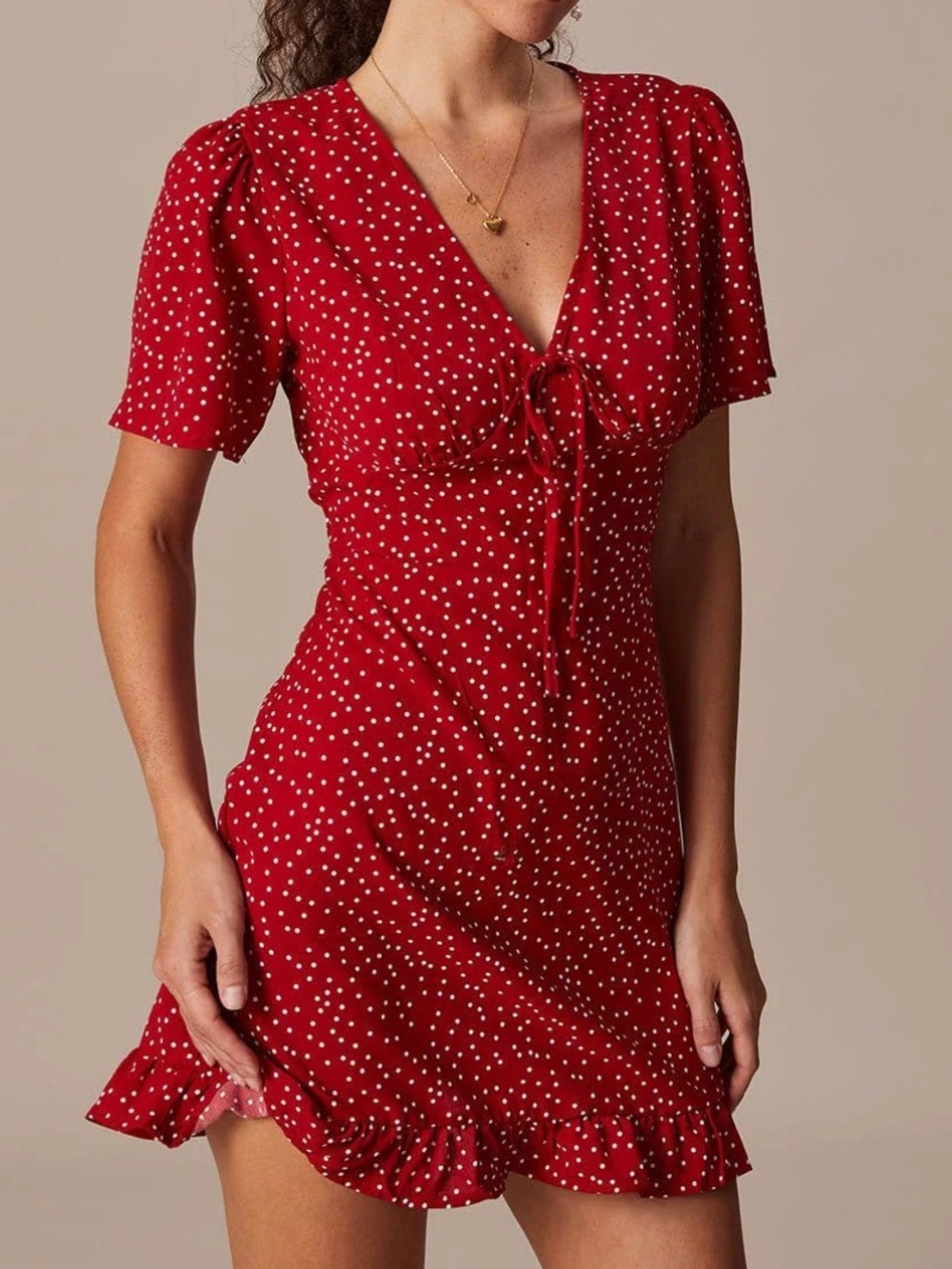 Rihoas Red & White Polka Dot V Neck Flounce Mini Dress Ruffle Hem Size Small